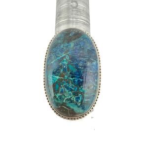 Large Oval Chrysocolla Twisted Rope Border 925 Sterling Silver Ring Size 7.5